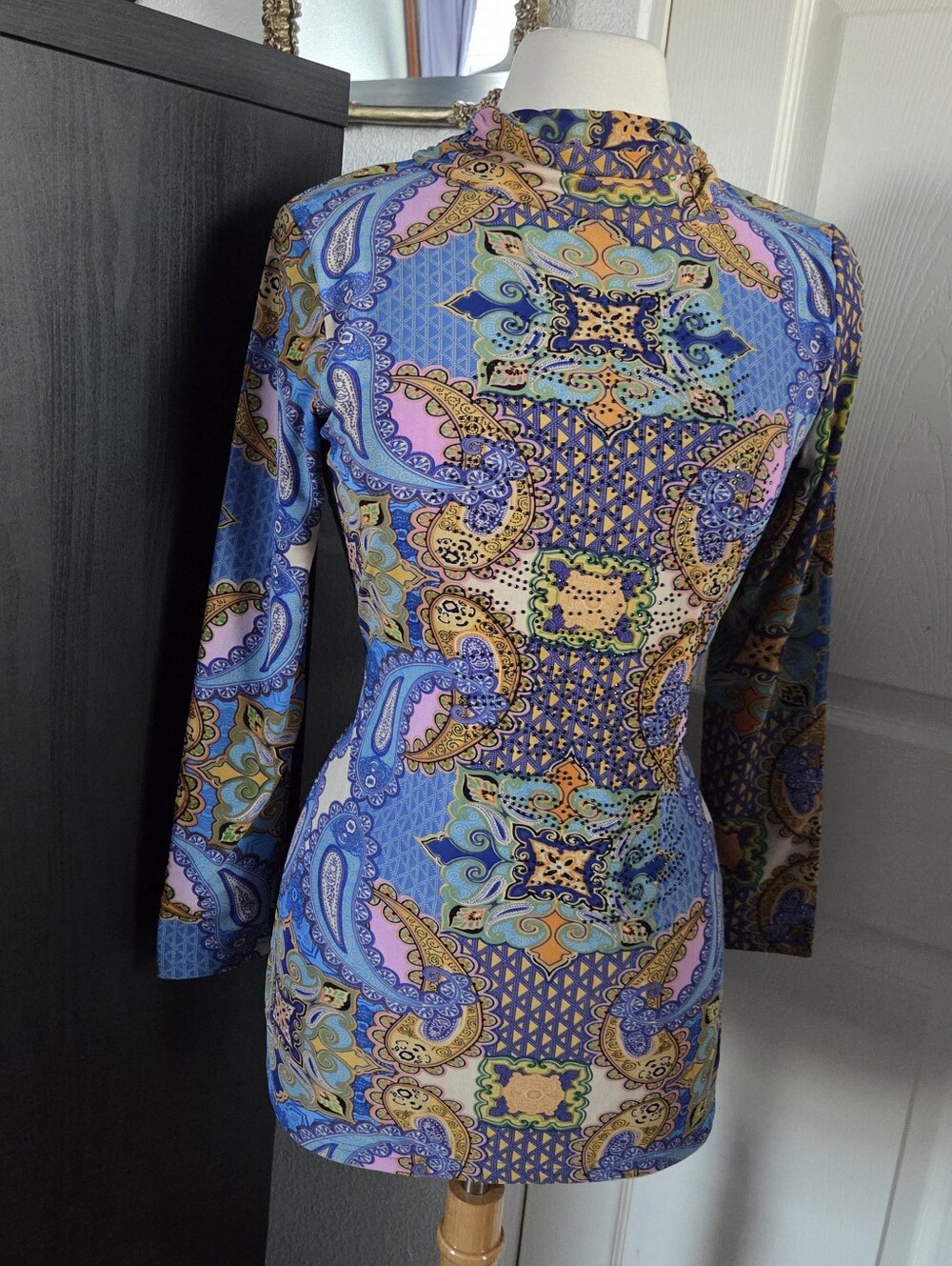 Blue Patchwork Paisley Long Sleeve Fleece Lined Top Womens Medium